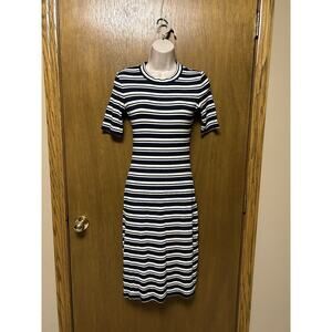 SUMMERSALT sz S DRESS Softest Knit Stretch Midi Striped Sand White Deep Navy J24